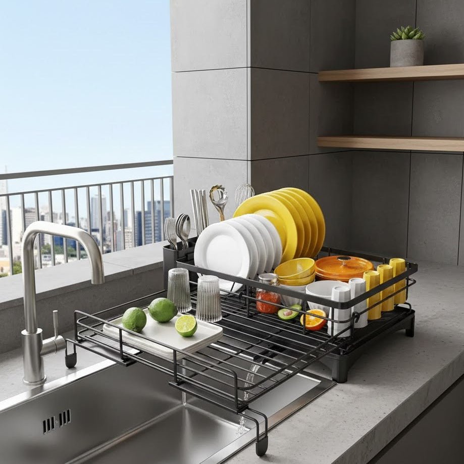 KITCHENDRY - Large dish drying rack with integrated drip tray designed for efficient drying, countertop protection, and organized kitchen storage